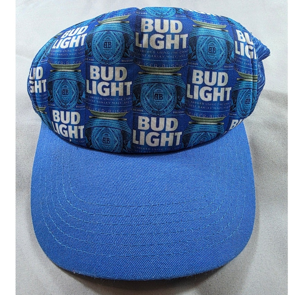 Bud Light Trucker Hat Men OSFM Blue Logo Print Foam Mesh Snapback Cap